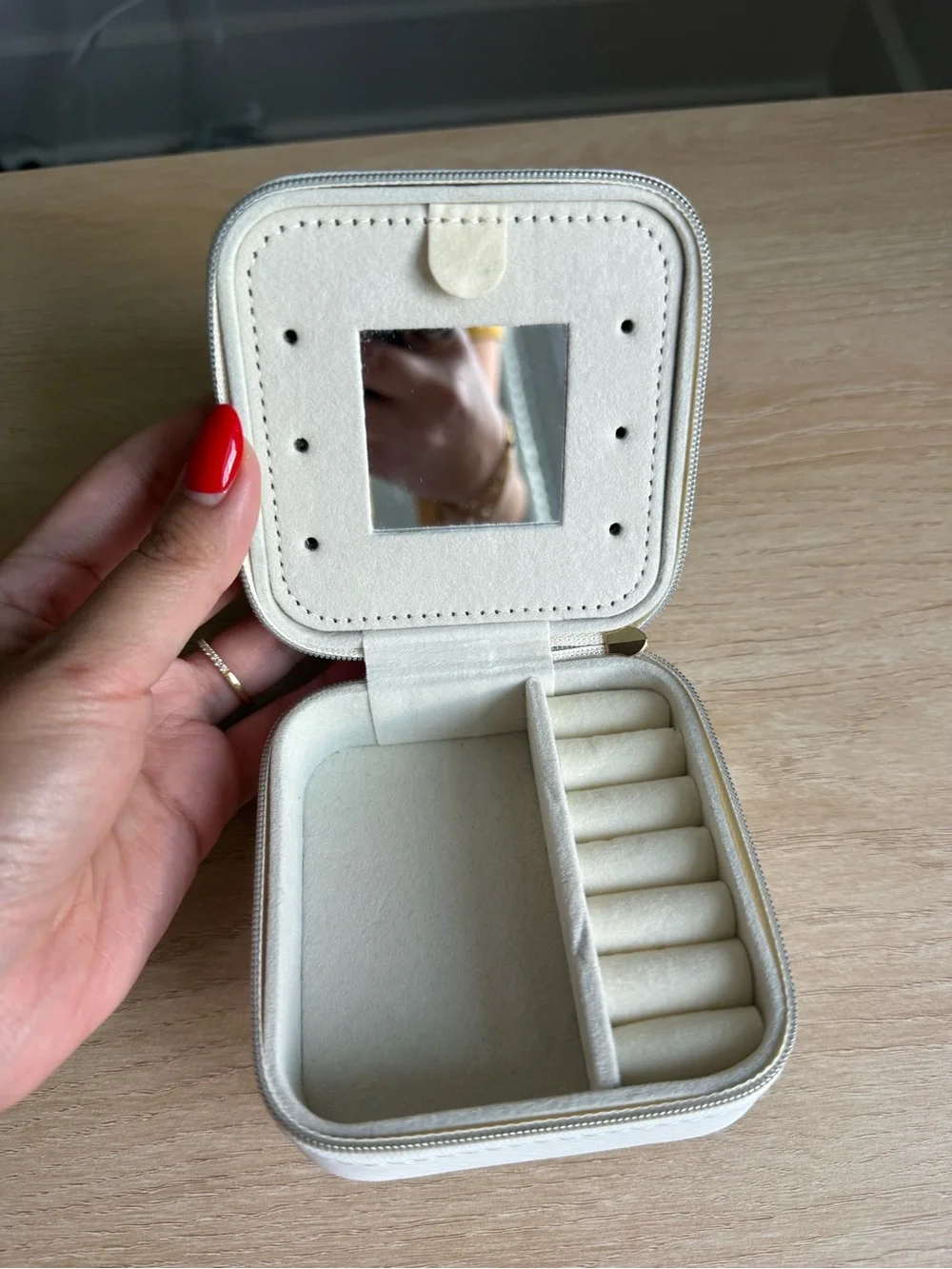 Travel Jewelry Box Organizer White Vegan Leather Mirror Case